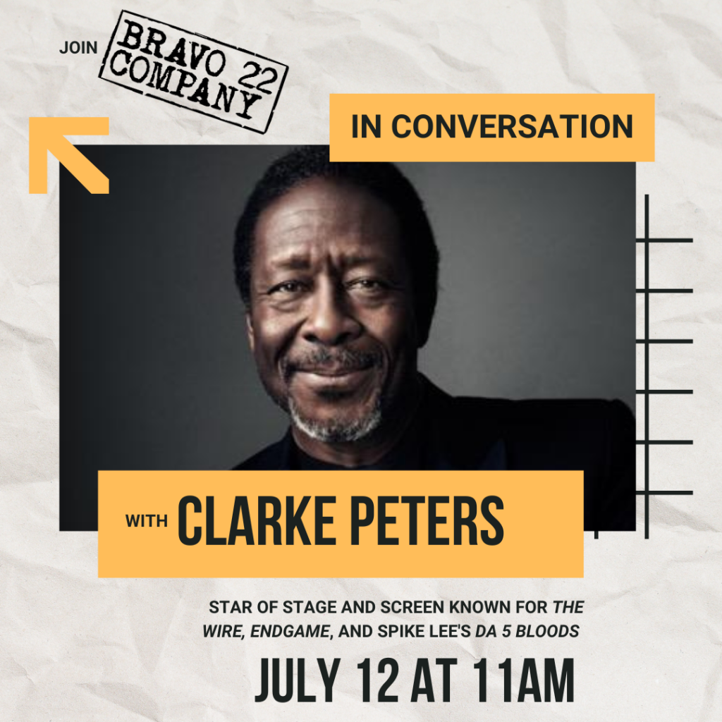Graphic image including photo of Clarke Peters and the date of his conversation, July 12, 11 am.
